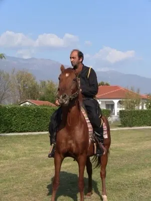 Καβαλάρης με άλογο και φόντο τα βουνά